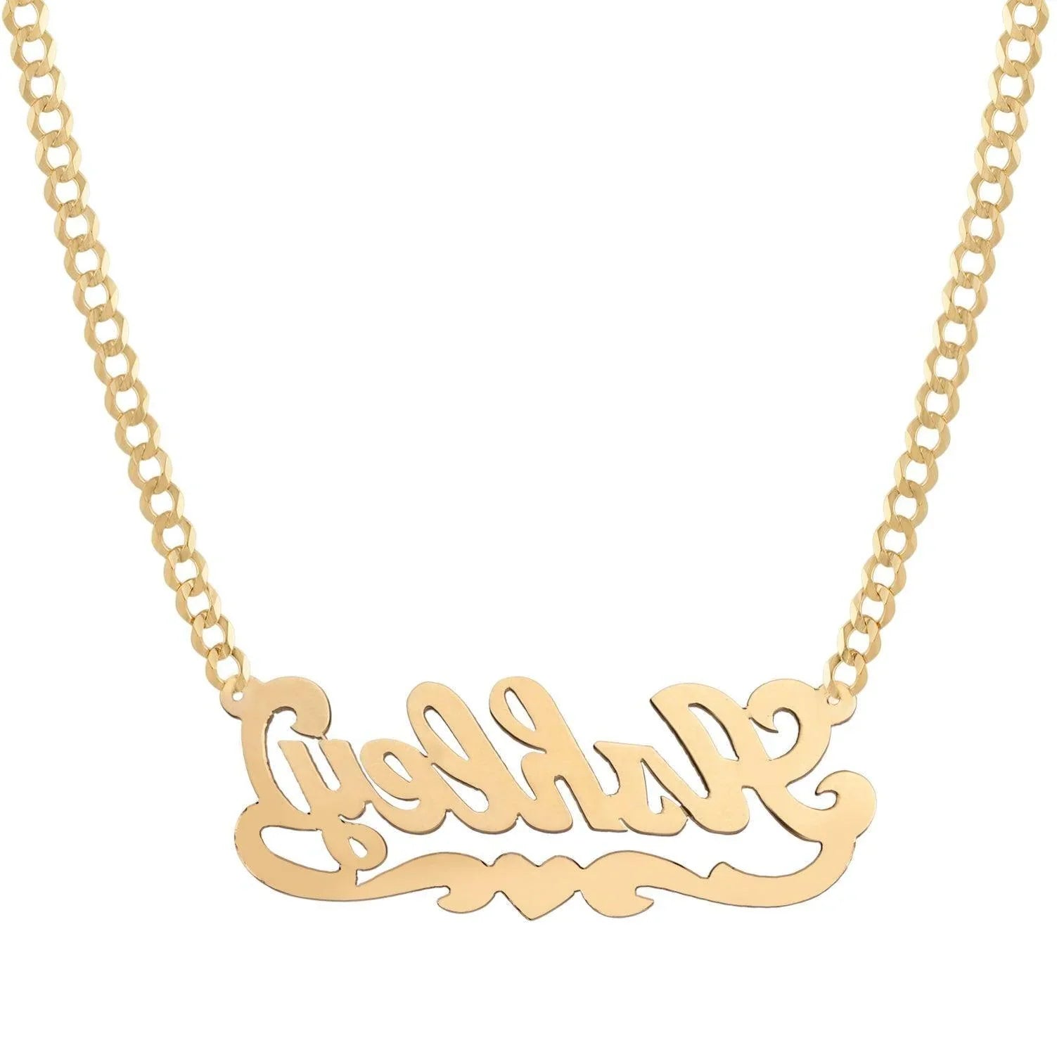 Ladies Script Name Plate Heart Ribbon Necklace 14K Gold