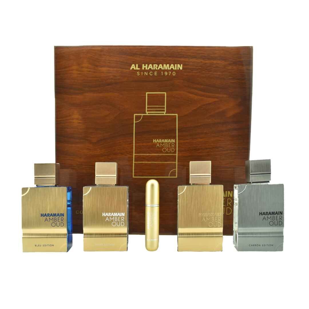 Al Haramain Amber Oud Collection - Gold, Blue, White, Carbon - 4 x 60ml (2.0 oz) EDP Spray - Luxury Unisex Cologne & Perfume Gift Set for Men & Women - Long-Lasting Arabian Fragrance (Bundle)