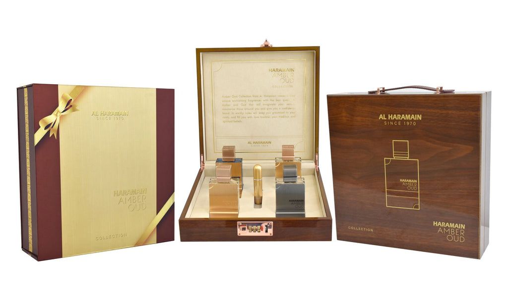 Al Haramain Amber Oud Collection - Gold, Blue, White, Carbon - 4 x 60ml (2.0 oz) EDP Spray - Luxury Unisex Cologne & Perfume Gift Set for Men & Women - Long-Lasting Arabian Fragrance (Bundle)