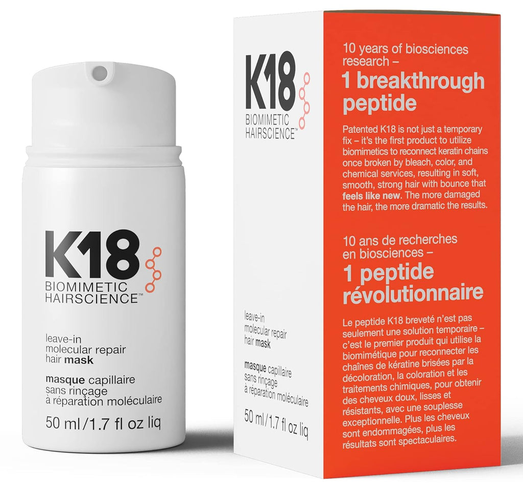 K18 Leave-In Molecular Hair Mask, Repairs Dry or Damaged Hair, Reverse Hair Damage from Bleach, Color, Chemical Services & Heat - 50ml