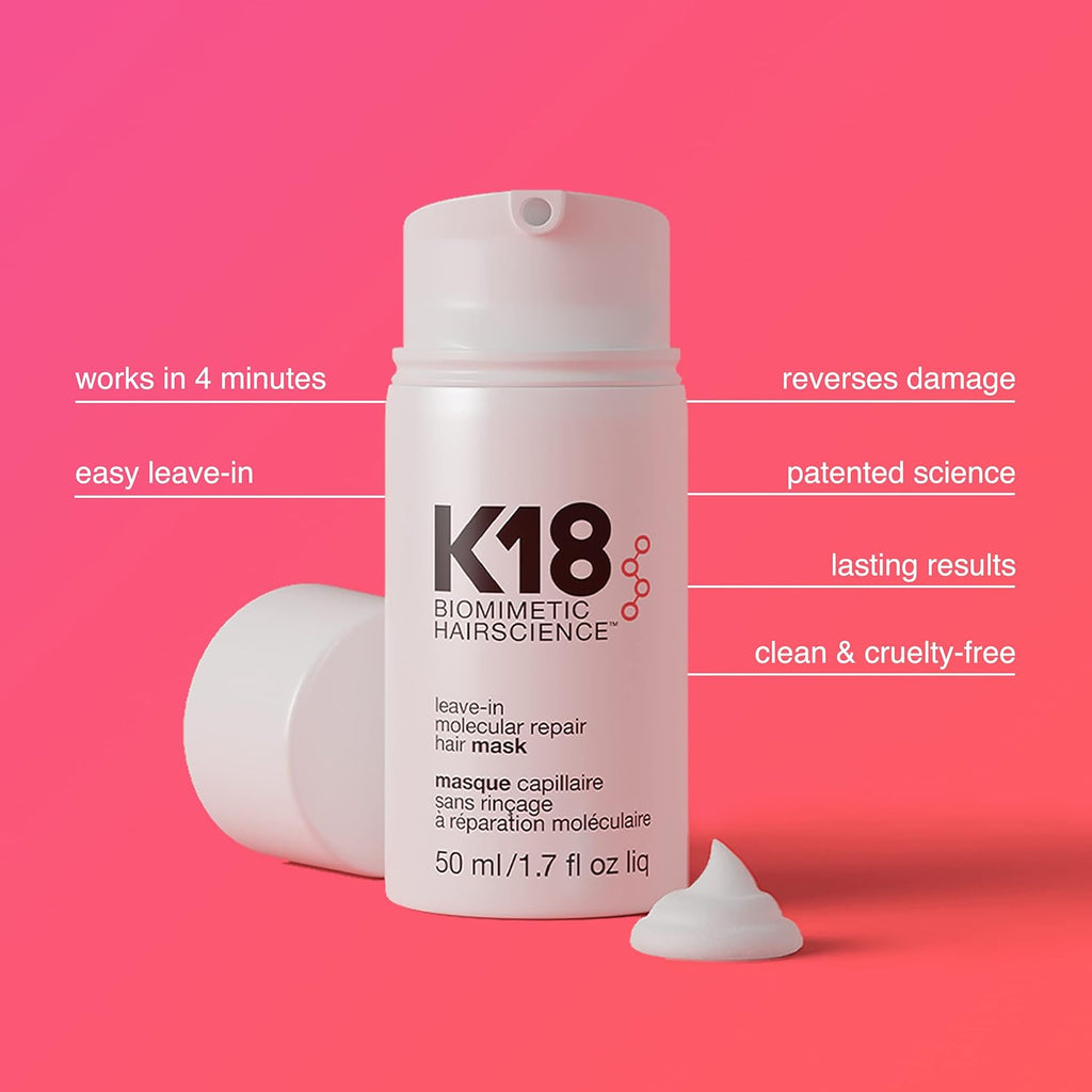 K18 Leave-In Molecular Hair Mask, Repairs Dry or Damaged Hair, Reverse Hair Damage from Bleach, Color, Chemical Services & Heat - 50ml